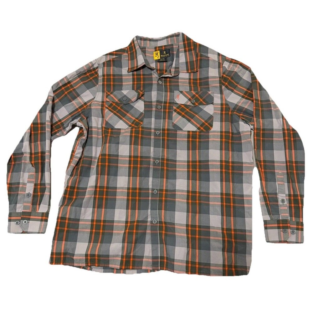Browning Plaid Long Sleeve Button Down Shirt XL Green Orange Gray Hunting